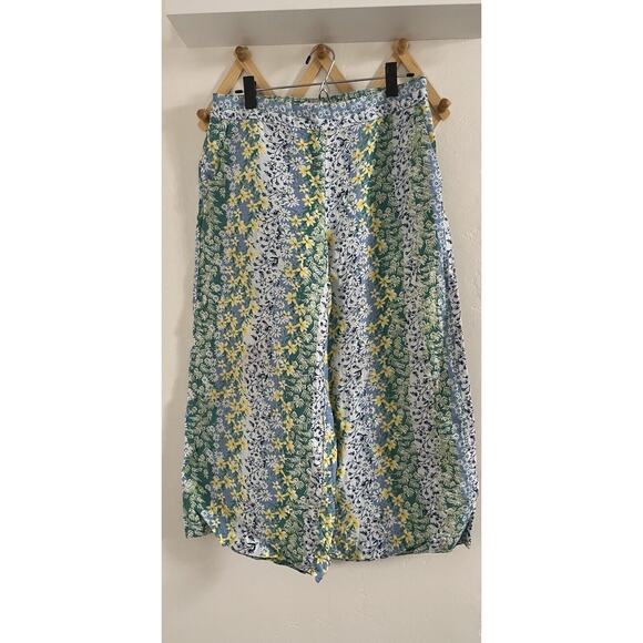 Loft Pants Women's Medium Linen Wide Leg Crop Floral Green Blue Allure Azul - Picture 2 of 10